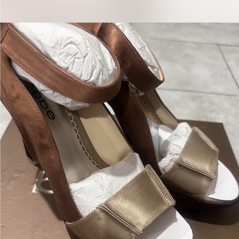 Bebe Satin Platform Heels in Brown and Gold